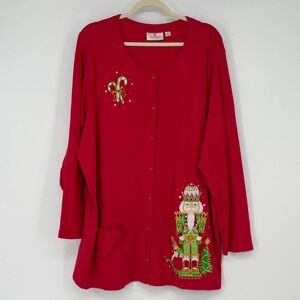 Quacker Factory Red Nutcracker Candy Cane Christmas Cardigan Top 3X Plus Size